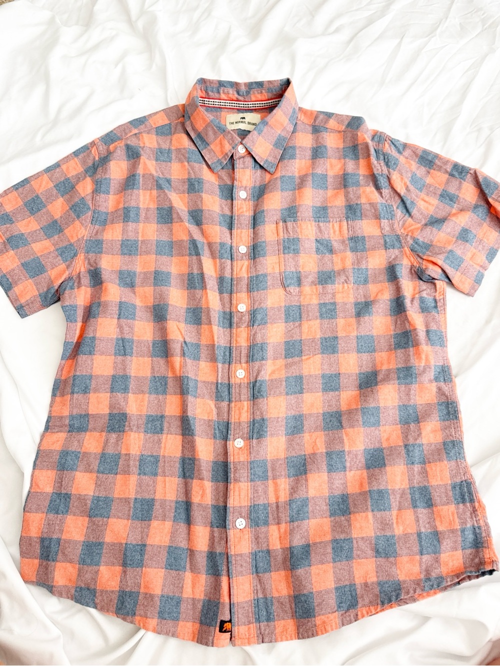 The Normal Brand Short-Sleeve Check Button-Down in Peach & Gray